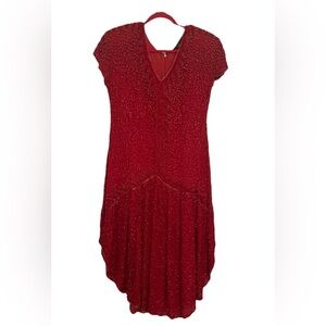 Vintage Red Beaded Silk Gatsby Flapper Dress Women’s XL